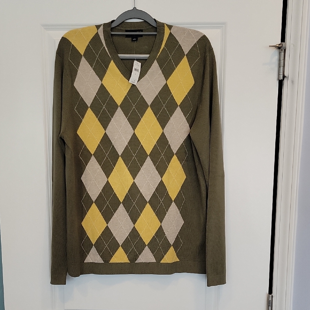Banana Republic Mens V-Neck Longsleeve Olive Argyle Sweatet In Large NWT